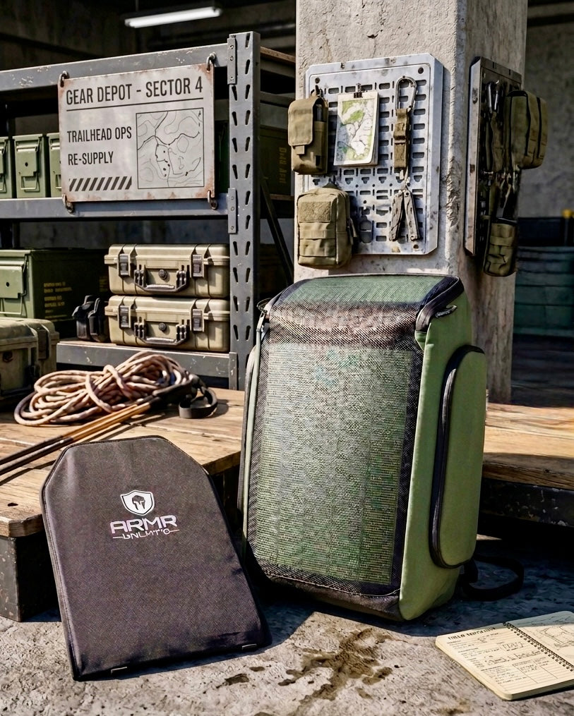 40Fied Fortified Bulletproof Solar Backpack with NIJ Level 3A ballistic panel displayed on an alpine mountain summit with climbing rope and trail signpost, ideal for outdoor preparedness and off-grid adventure
