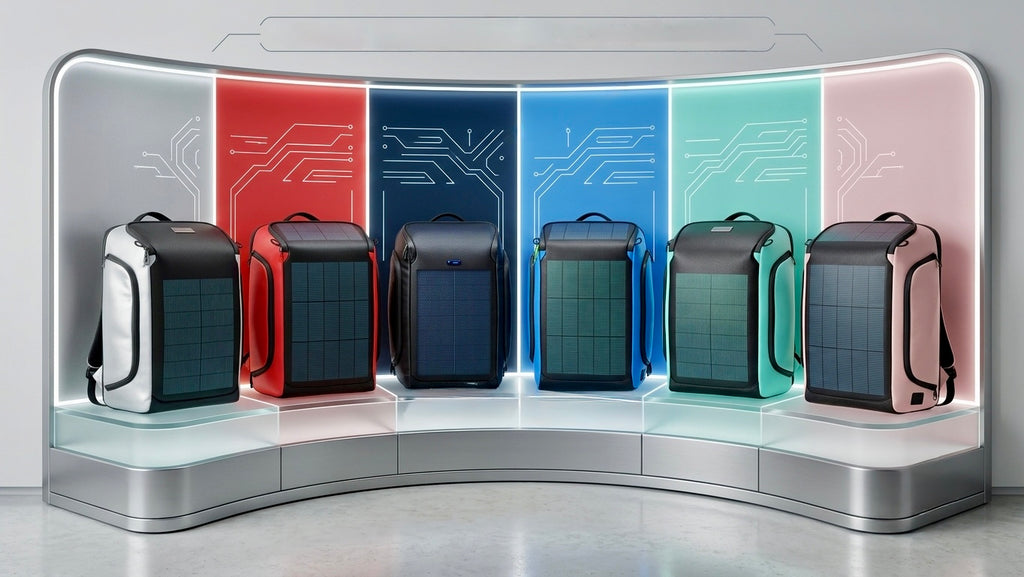 40Fied Fortified Solar Backpack available in 6 colors — white, red, navy, blue, teal, and salmon — each featuring an integrated flexible solar panel for USB device charging