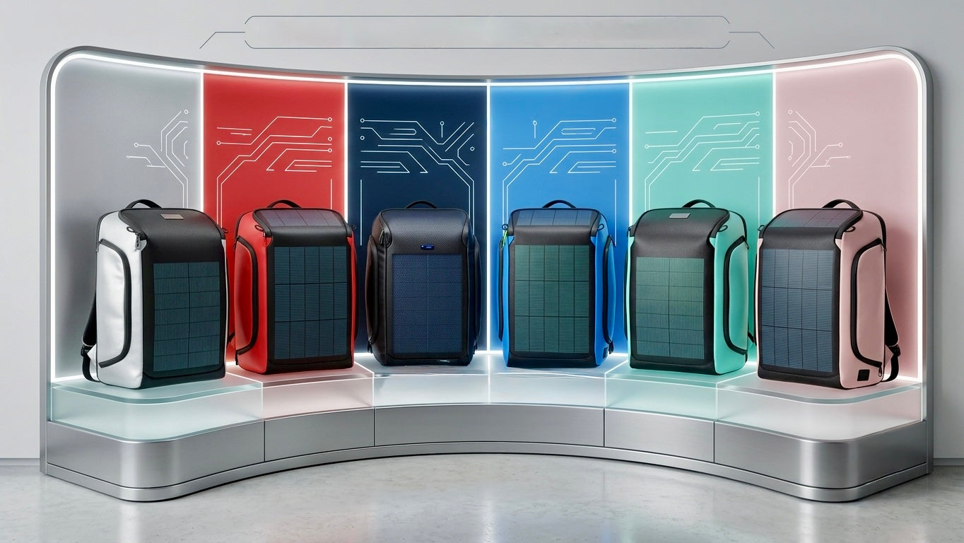 40Fied Fortified Solar Backpack available in 6 colors — white, red, navy, blue, teal, and salmon — each featuring an integrated flexible solar panel for USB device charging