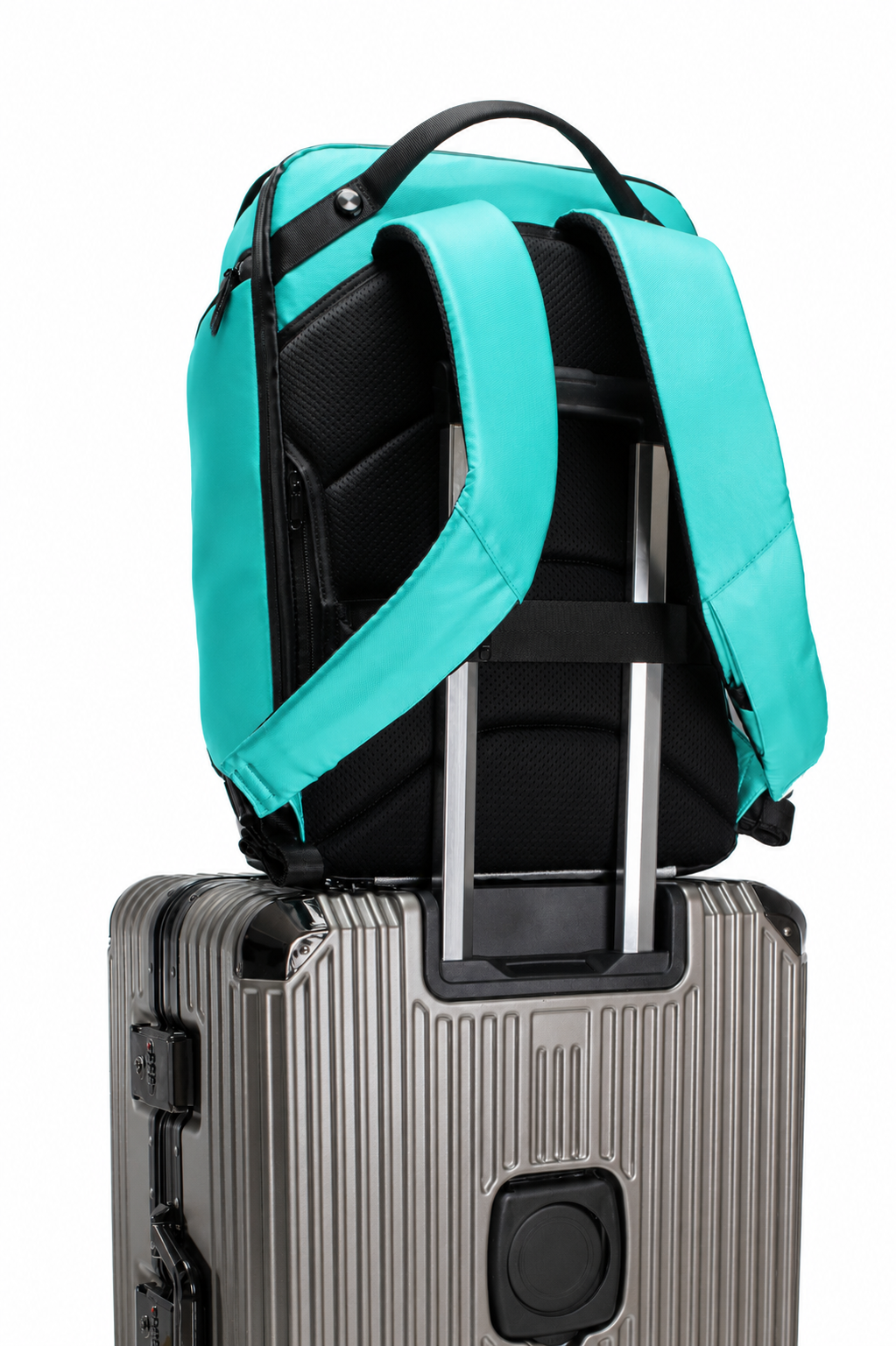 40Fied teal solar backpack with luggage strap pass-through, sleek design for airport travel and daily commuting